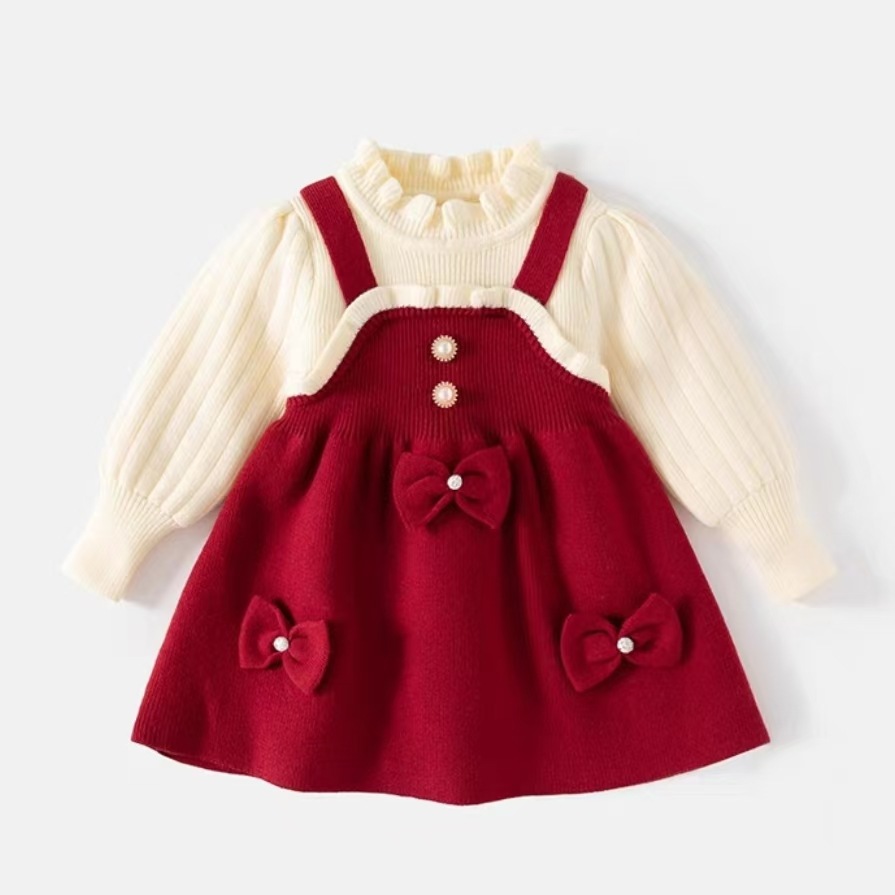 Autumn Kids Girls Princess Dress with 3D Bear Bow, Korea Style Red Spliced Sweater Dress for Toddlers