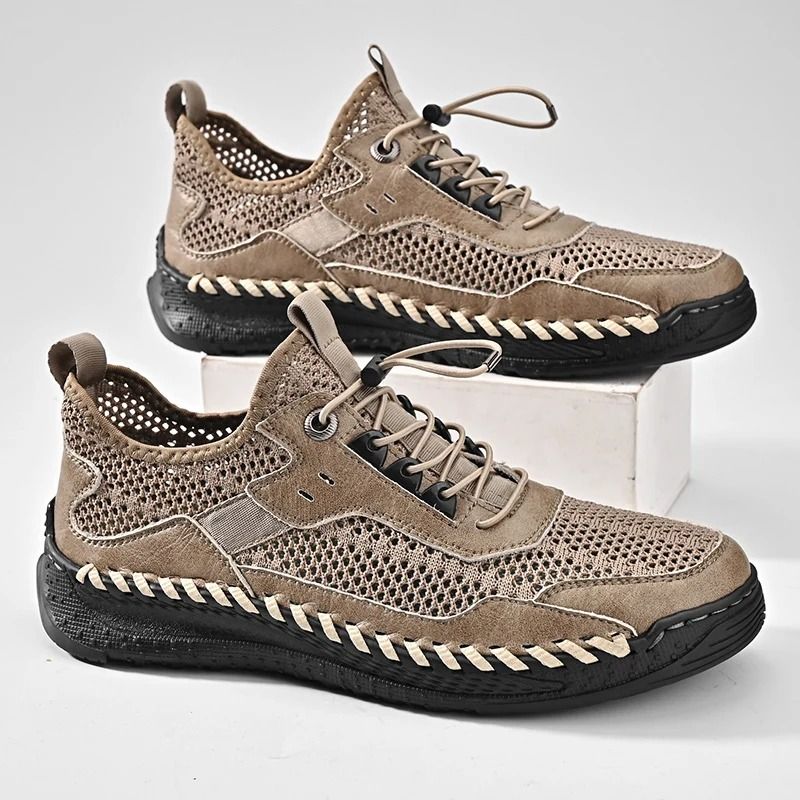 Mens Summer Breathable Leather Mesh Sneakers for Comfortable Outdoor Walking and Casual Style
