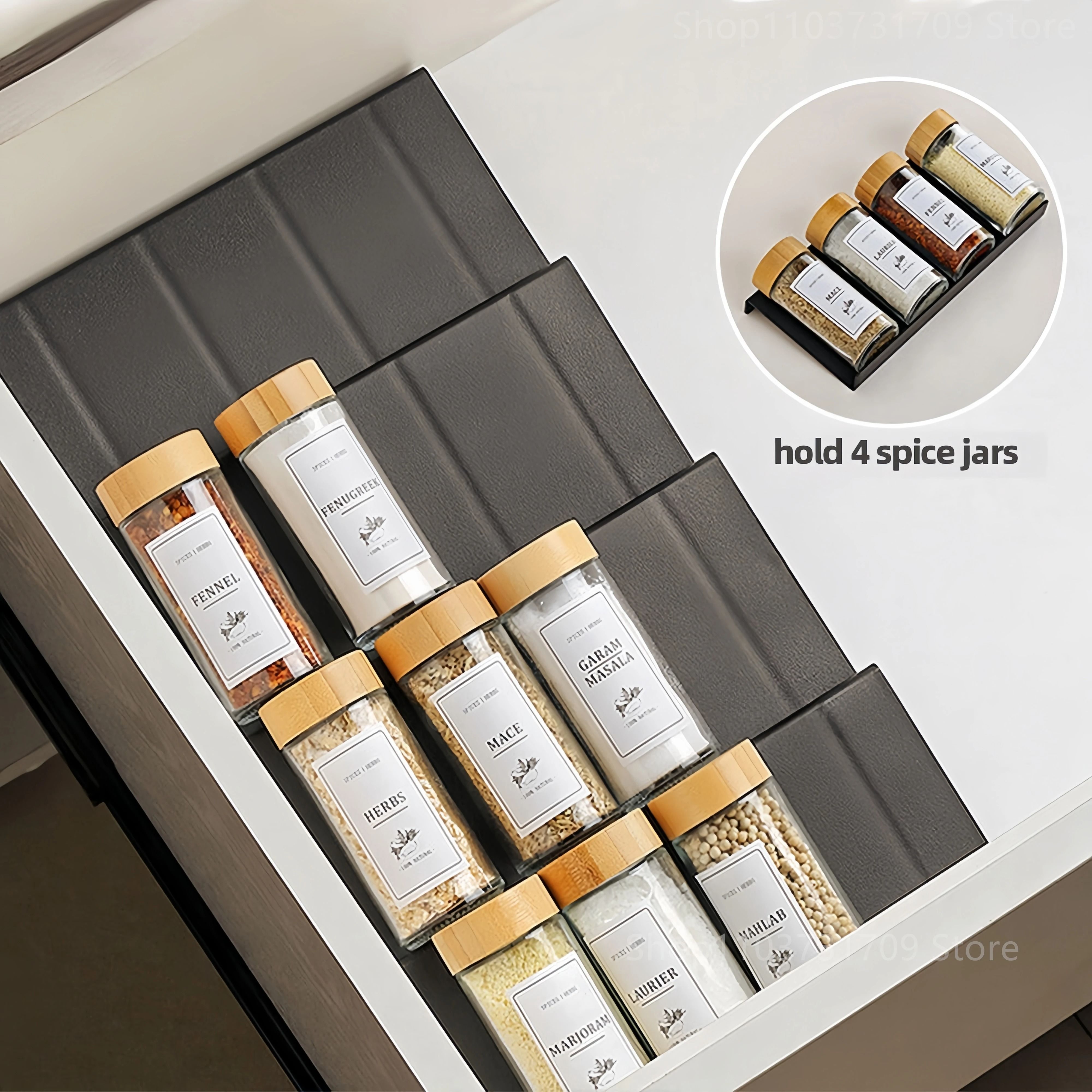 Adjustable 4-Tier Spice Drawer Organizer – Expandable Seasoning Bottle Rack – Pantry & Cabinet Drawer Insert 2-Piece Set