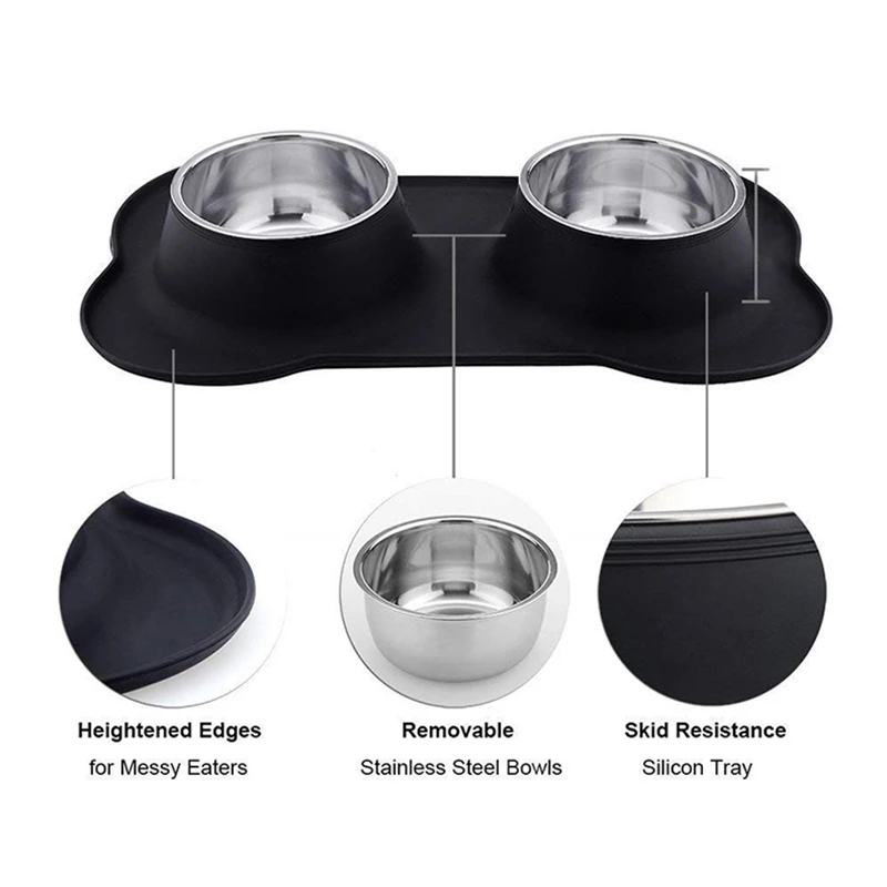 Double Dog Bowl Stainless Steel Pet Feeding Station with Non Slip Silicone Mat