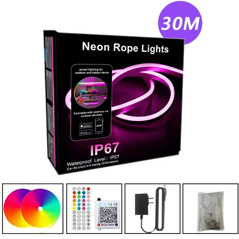 VividGlow 24V RGB Neon LED Strip Light with Bluetooth Music Sync – 5m to 30m