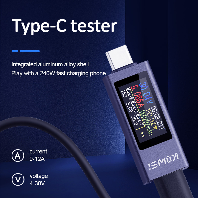 Type-C Multi-Function Digital Display DC Voltage Ammeter Power Meter 4-30V 12A Charger Capacity Tester