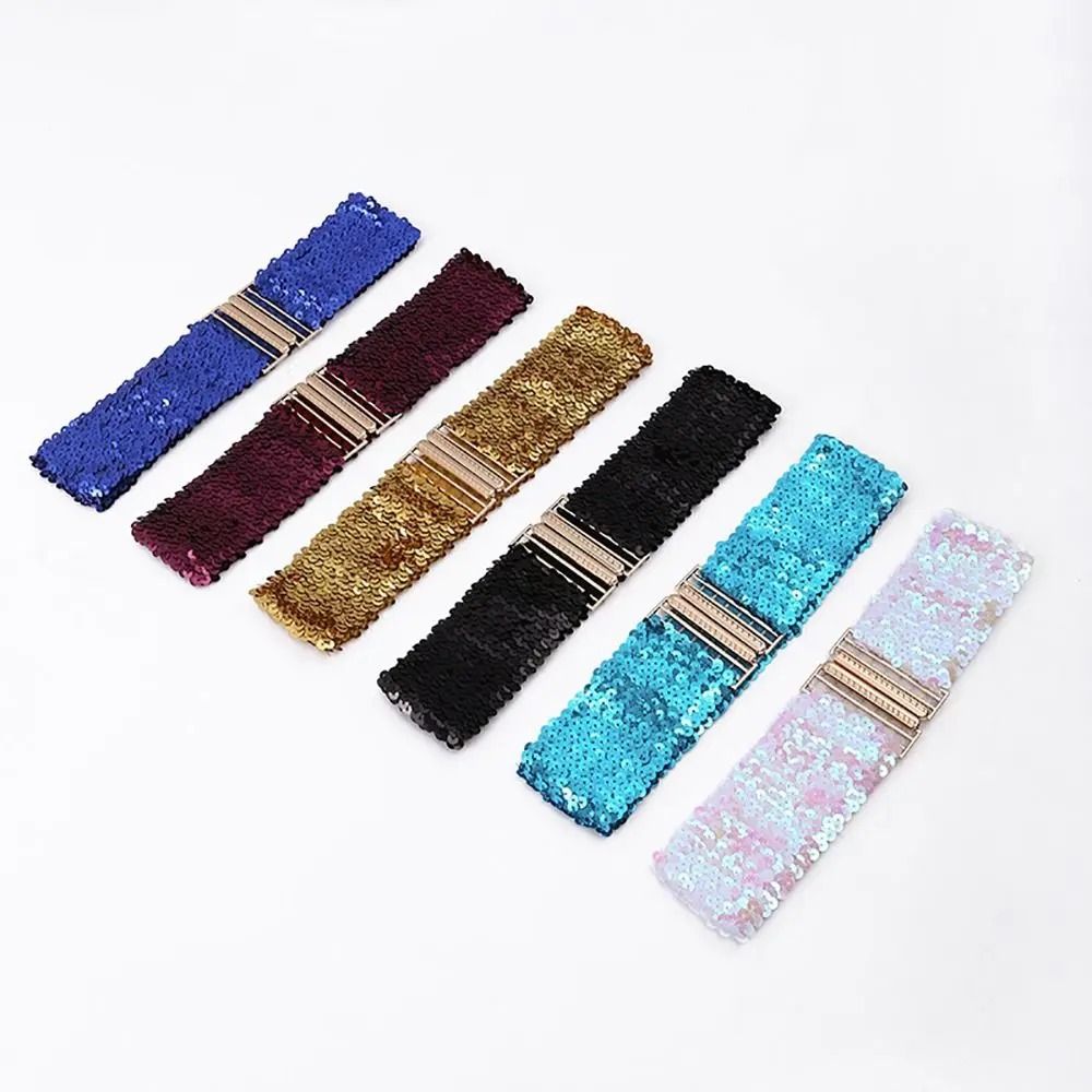 GlamCurve Wide Sequin Elastic Waist Belt with Gold Buckle