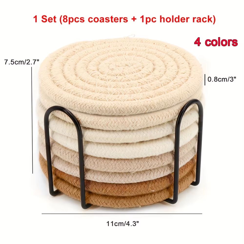 8 Piece Woven Drink Coaster Set With Holder High Temperature Resistant Absorbent Coasters