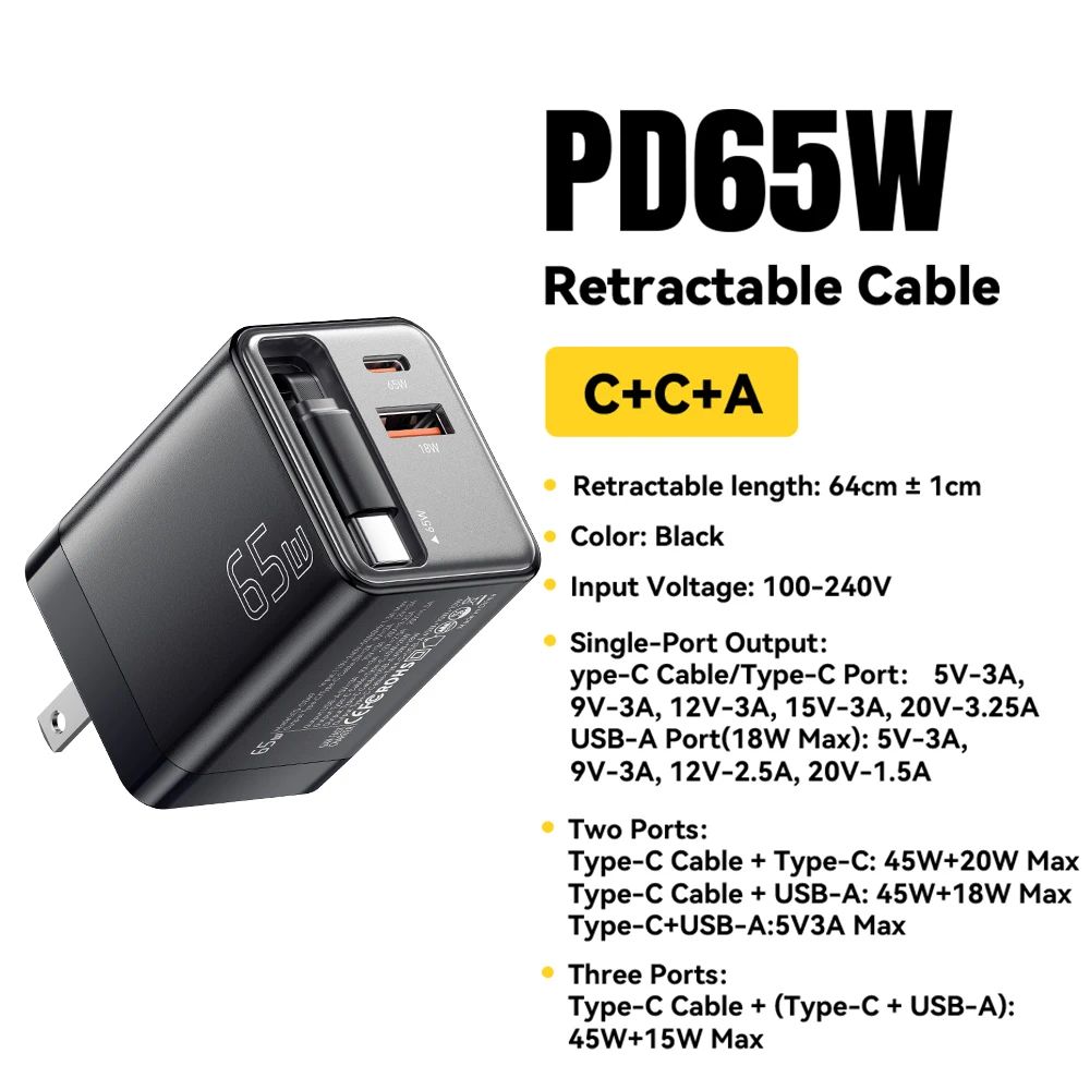 Essager 65W GaN Charger with Retractable Cable – PD Fast Charging USB-C Laptop & Phone Power Adapter