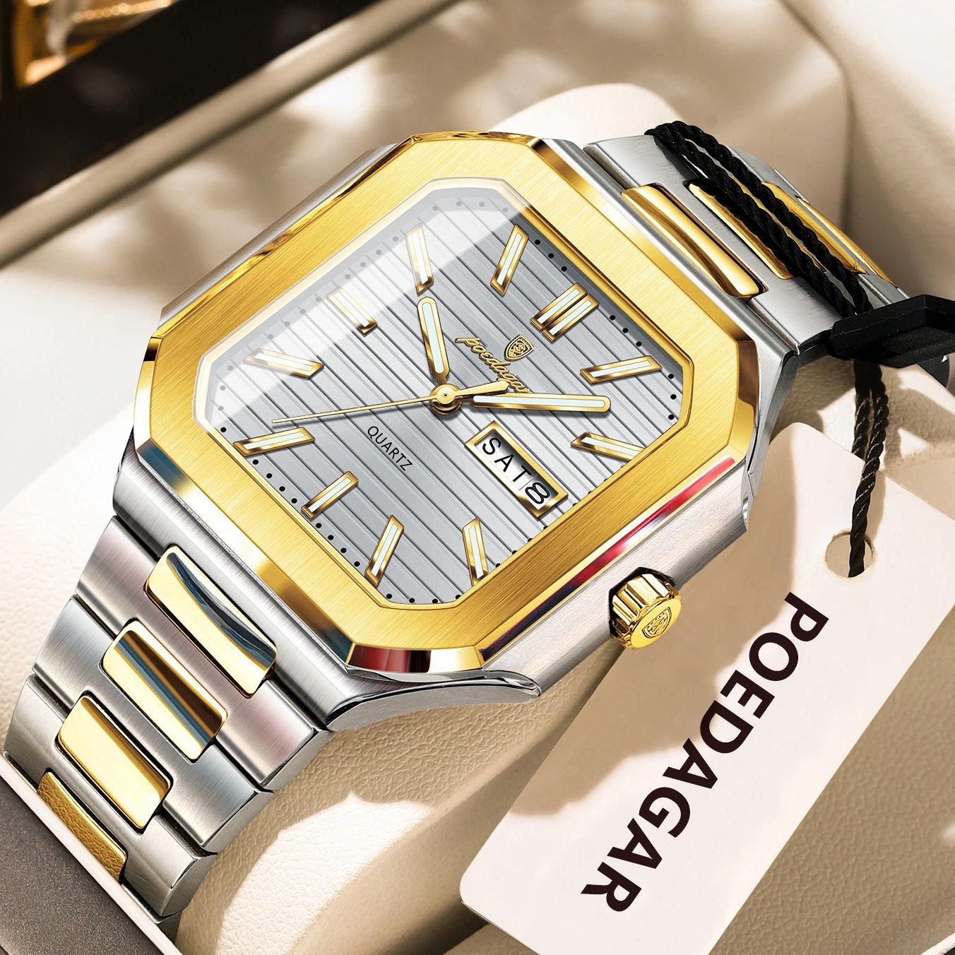 POEDAGAR Luxury Square Waterproof Men's Quartz Watch with Luminous Date & Week
