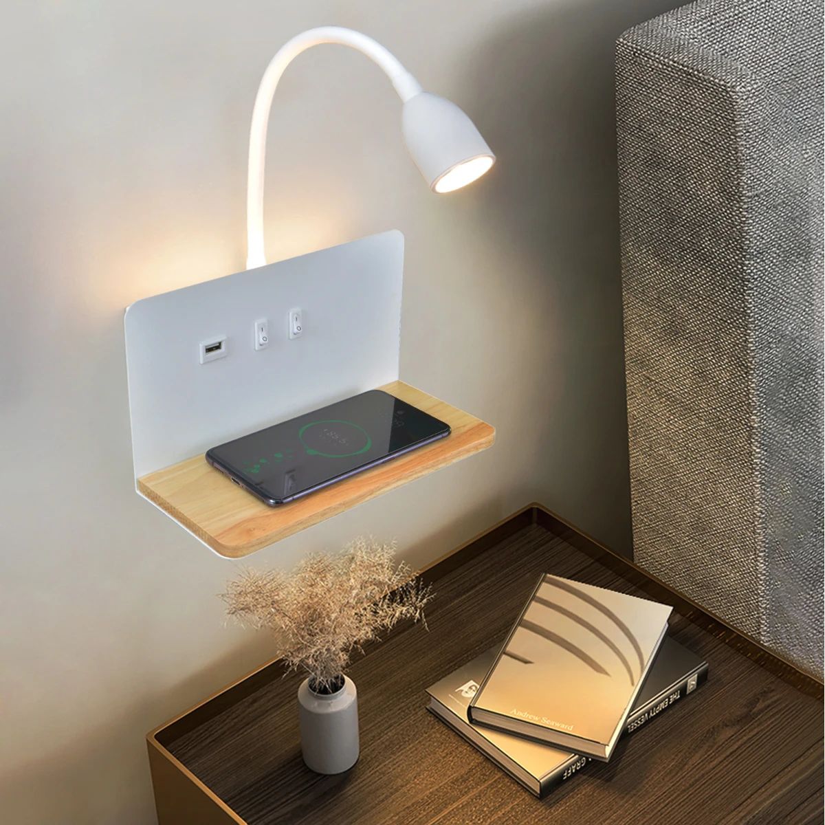 360° Rotatable USB And Wireless Charging LED Wall Lamp