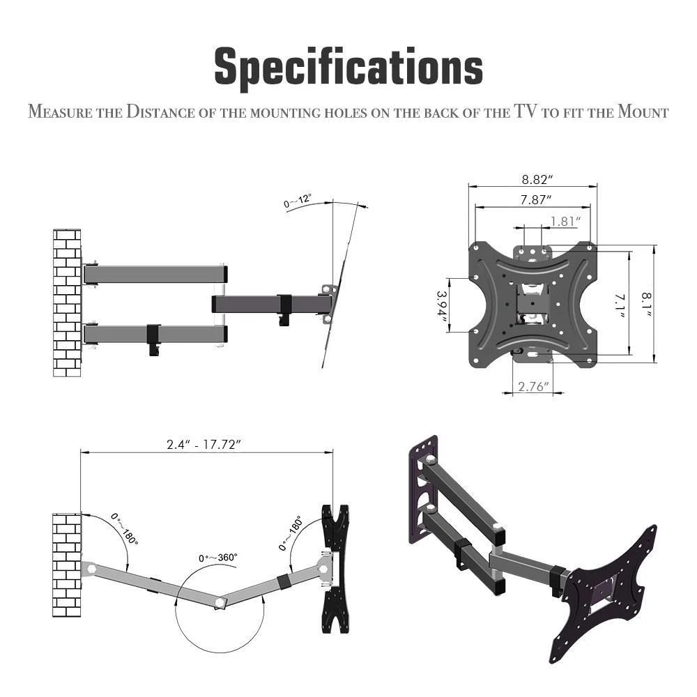 Full Motion TV Wall Mount Bracket Tilt, Swivel, Compatible