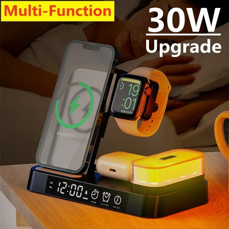 30W 3 in 1 Wireless Charger Stand Pad Alarm Clock Night Light Fast Charging Station Dock