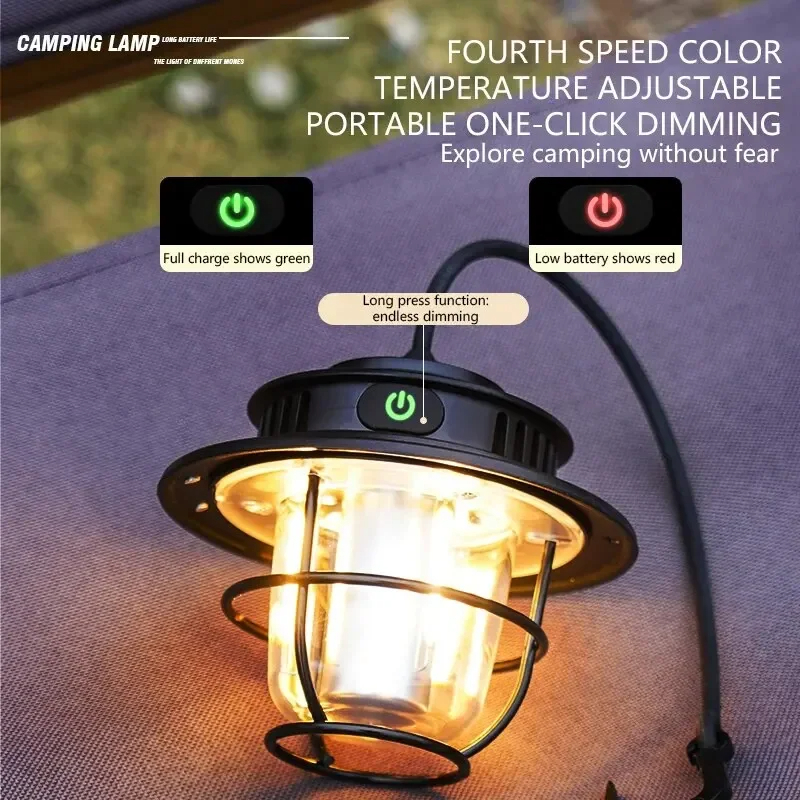 Waterproof Emergency Light, Retro Portable Camping Lantern, Stepless Dimmable Hanging Tent Lamp for Outdoor Hiking