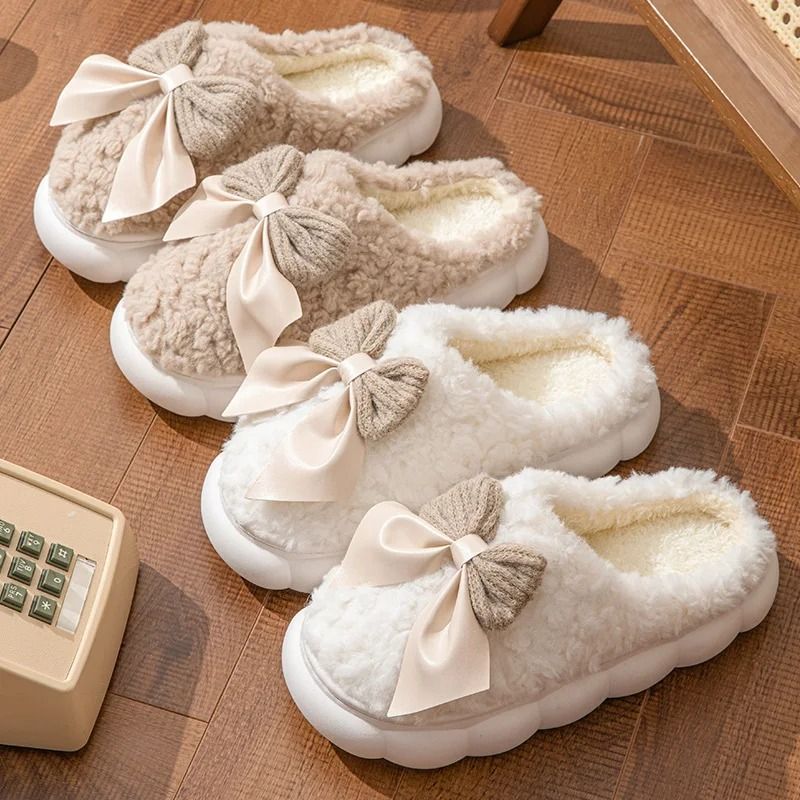 Women Winter Warm Plush Slippers with Bow