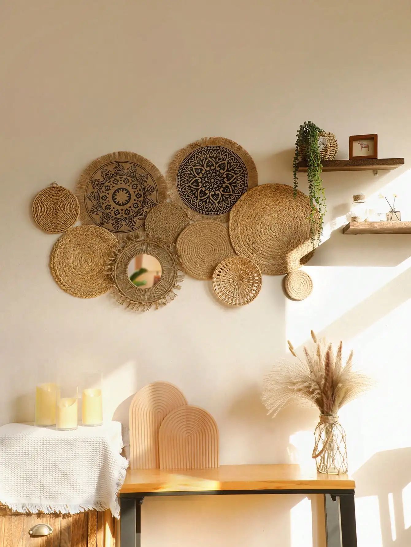 Boho Woven Seagrass Wall Basket Set – Rustic Hanging Farmhouse Decor
