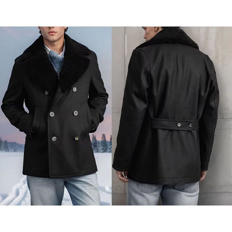 Contrast Detail Men's Wool Pea Coat – Classic Double Breasted Pea Coat Winter Overcoat