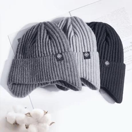Mens Faux Fur Lined Bomber Hat Winter Knitted Plush Peaked Cap with Earmuffs