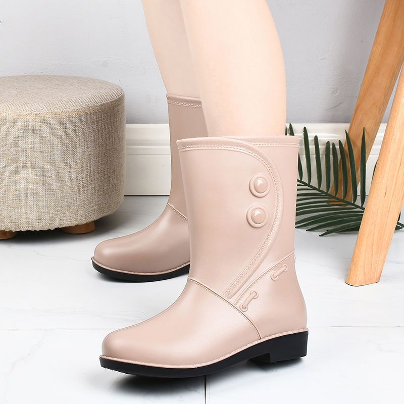 Mid Calf Non Slip Wear Resistance Waterproof Rain Boots - PVC Flat Round Toe Fashion Thermal Rain Shoes