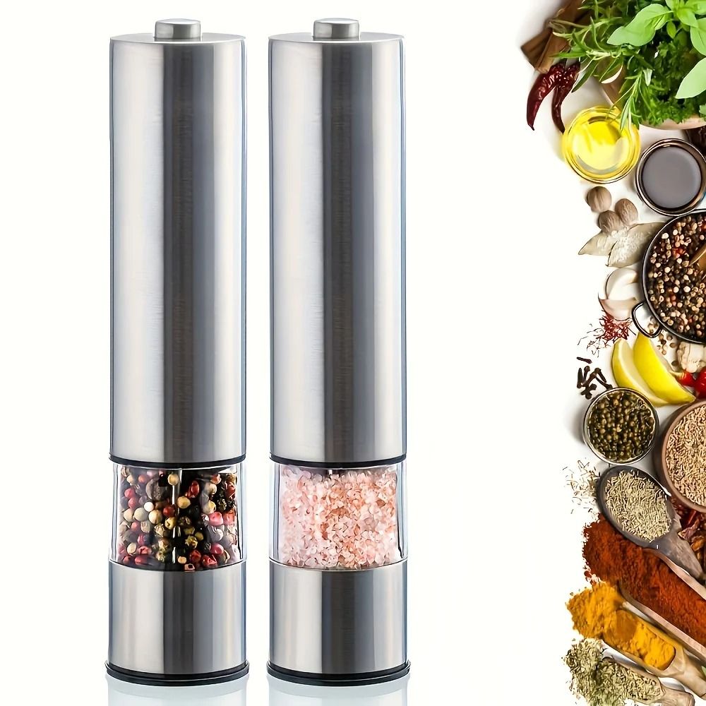 AutoGrind Electric Salt and Pepper Grinder Stainless Steel Automatic Pepper Mill One Hand Operation with LED Light