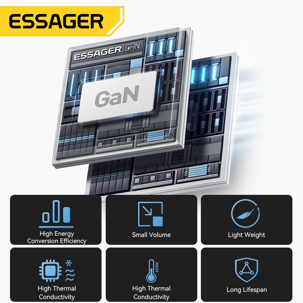 Essager 65W GaN Charger with Retractable Cable – PD Fast Charging USB-C Laptop & Phone Power Adapter