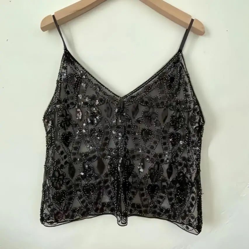 Sequin Beaded Flower Open-Back V-Neck Cami – Sheer Chic Summer Vest