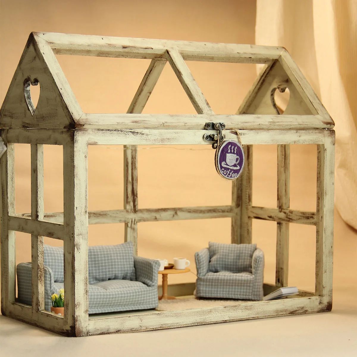 Miniature Dollhouse Sofa 1 to 12 Scale Wooden Plaid Fabric Chair Decor