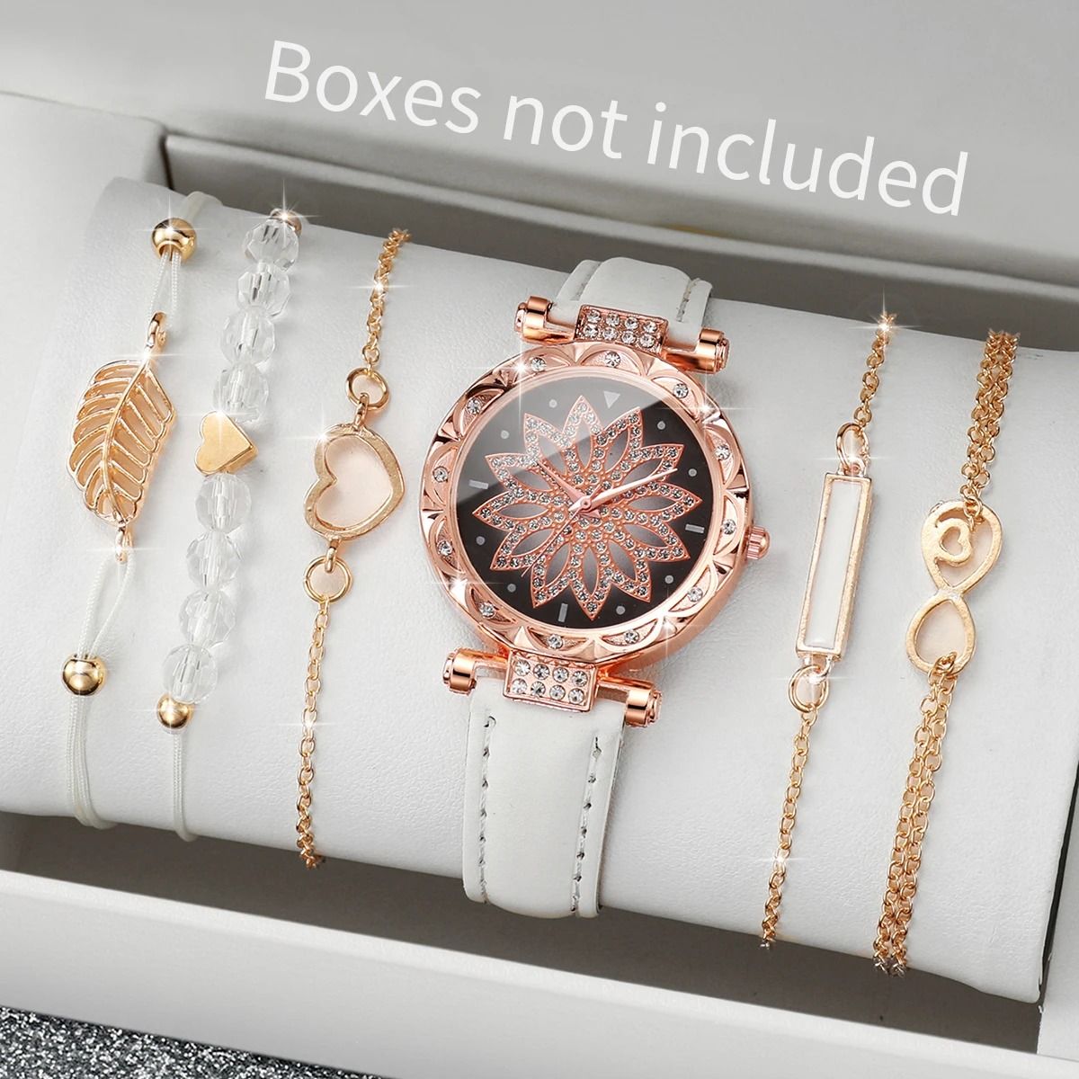 6-Piece Fashion Heart Dial Watch Set – Elegant Leather Band & Leaf Bracelet Collection