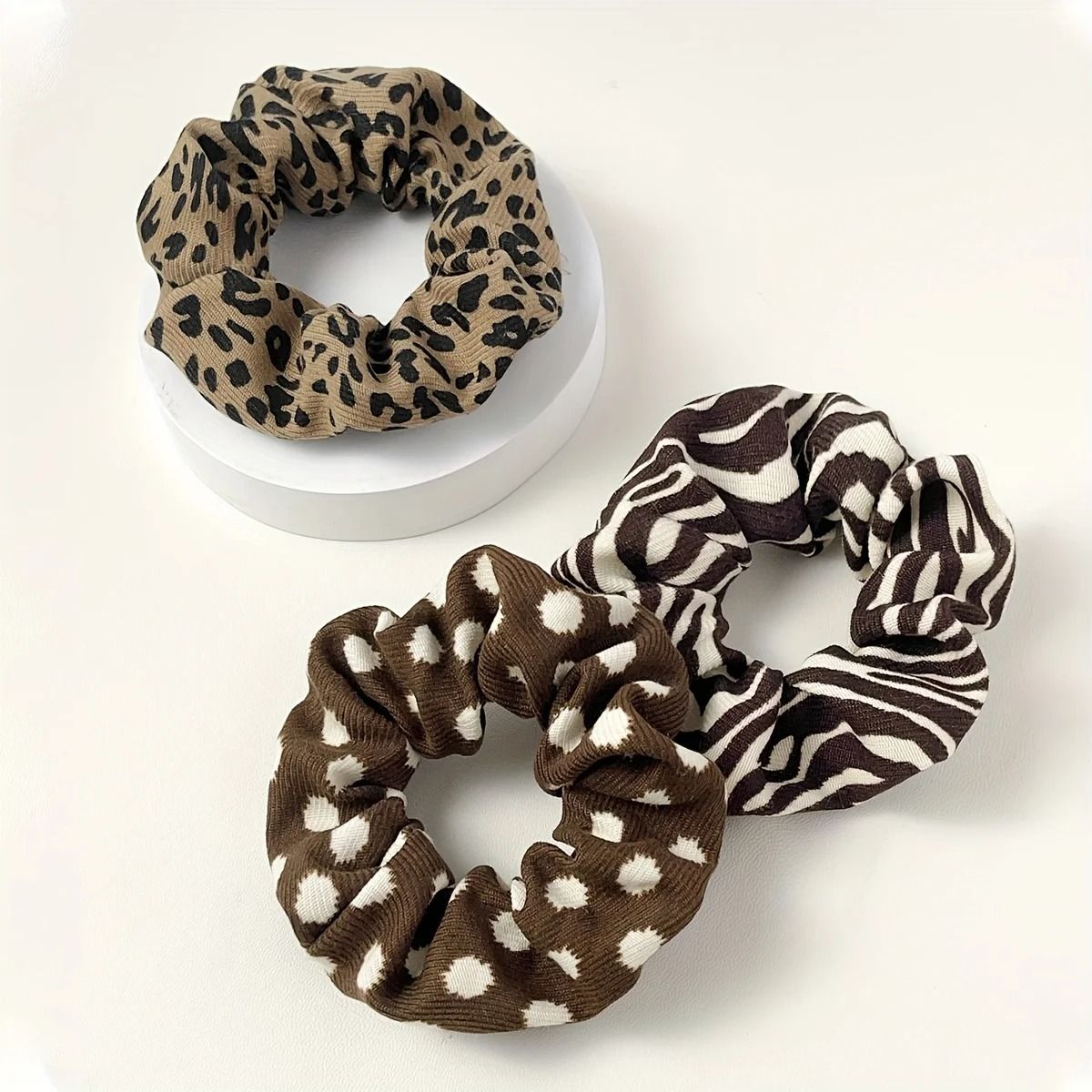 Retro Pattern Hair Scrunchies Set Leopard Cow Spot Polka Dot 5pcs