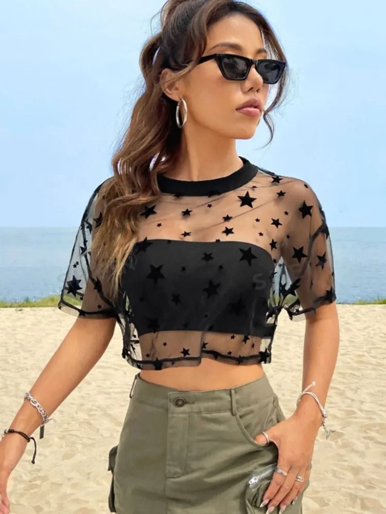 Star Print Drop Shoulder Crop Mesh Top Summer Outfits Without Camisole