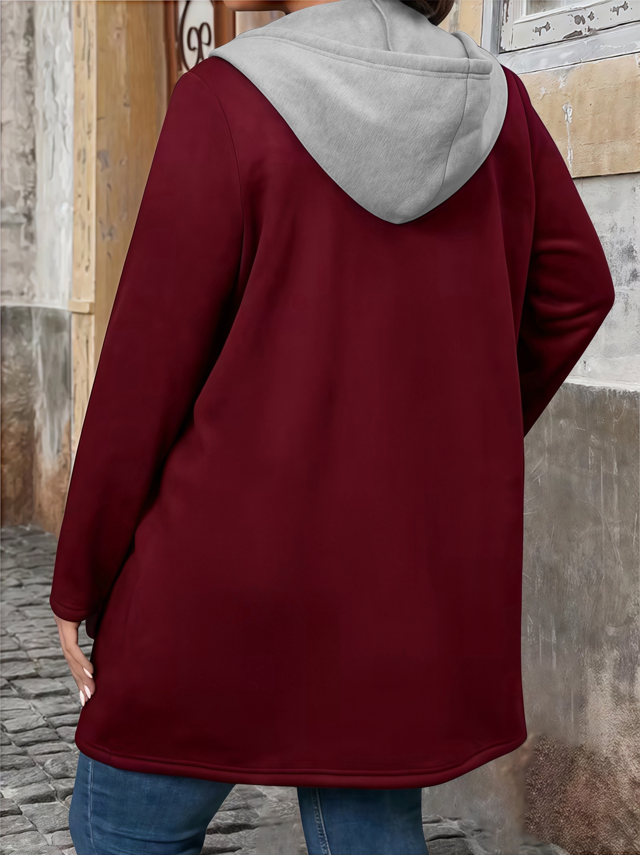 Plus Size Women's Coat, Elegant Solid Color Two-Tone Hooded Cardigan with Pockets and Drawstring for Autumn Winter