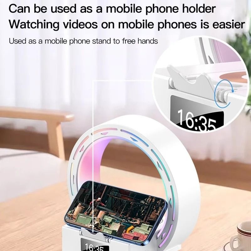 Desktop Bluetooth Speaker Alarm Clock with Night Light Wireless Charger USB AUX