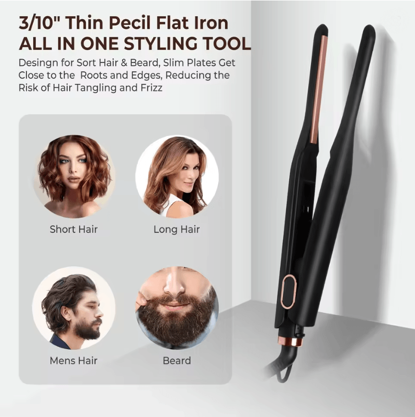 Mini Pencil Flat Iron Adjustable Temperature 3/10 Inch Short Hair Beard Straightener
