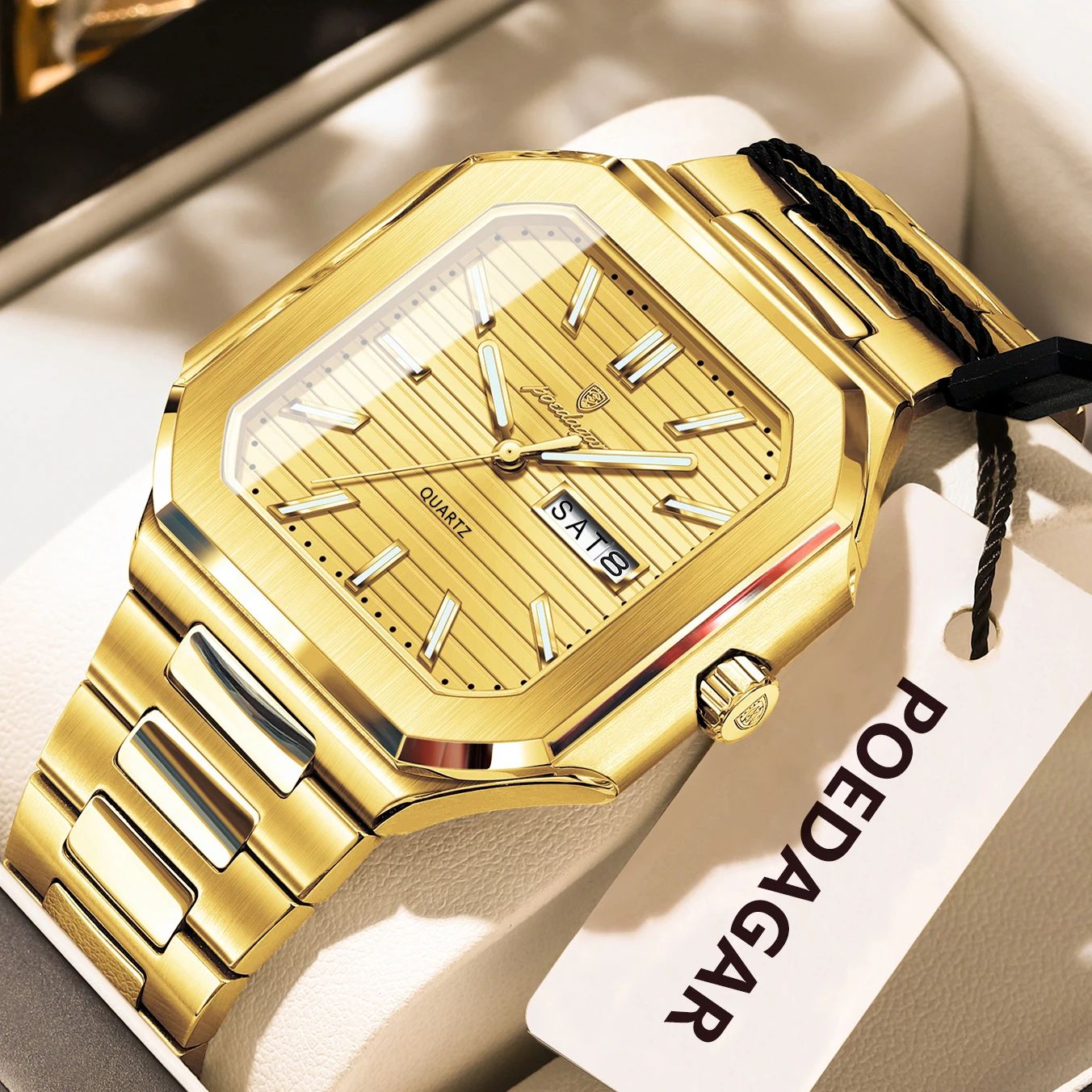 POEDAGAR Luxury Square Waterproof Men's Quartz Watch with Luminous Date & Week