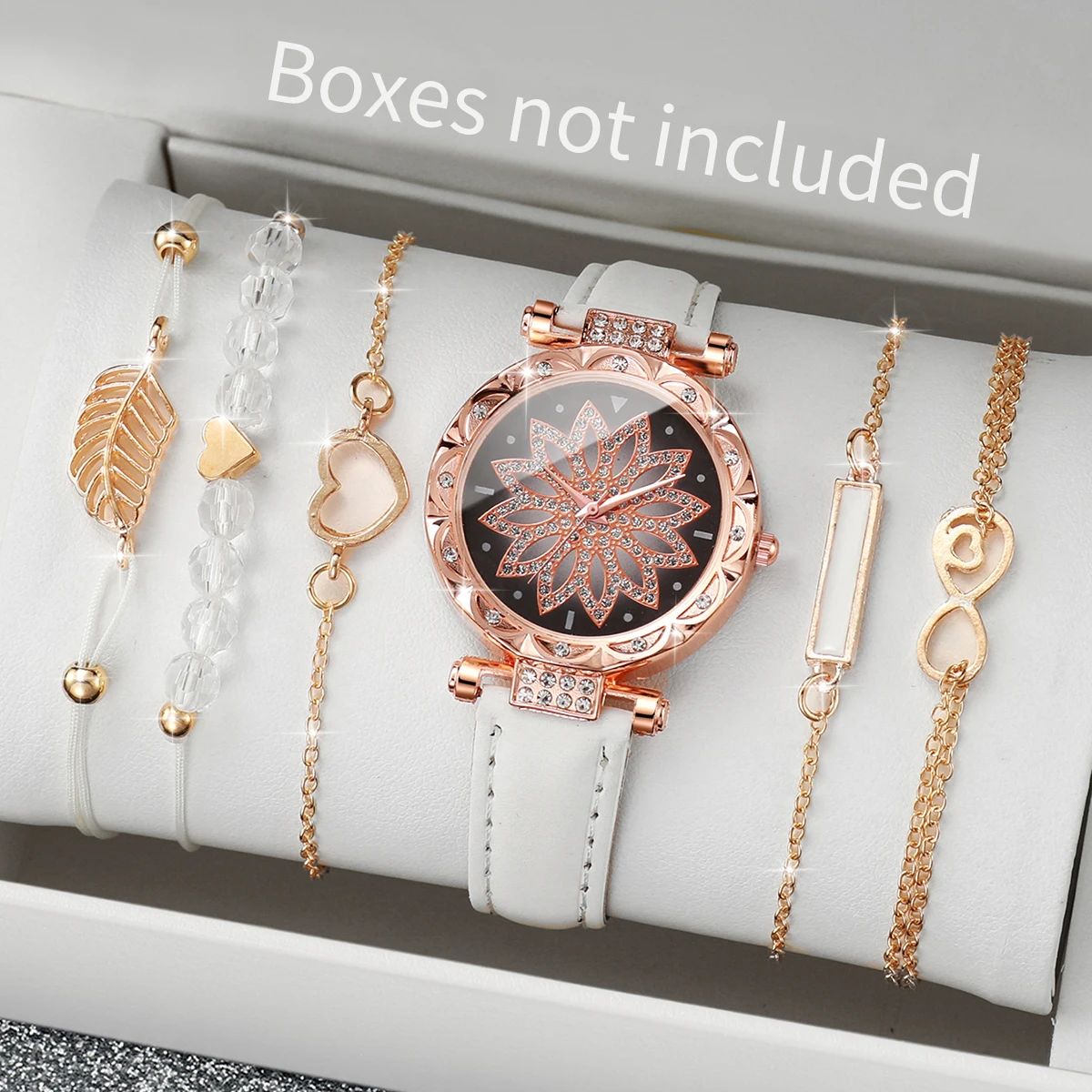 Heart Dial Leather Watch and Leaf Bracelet Set