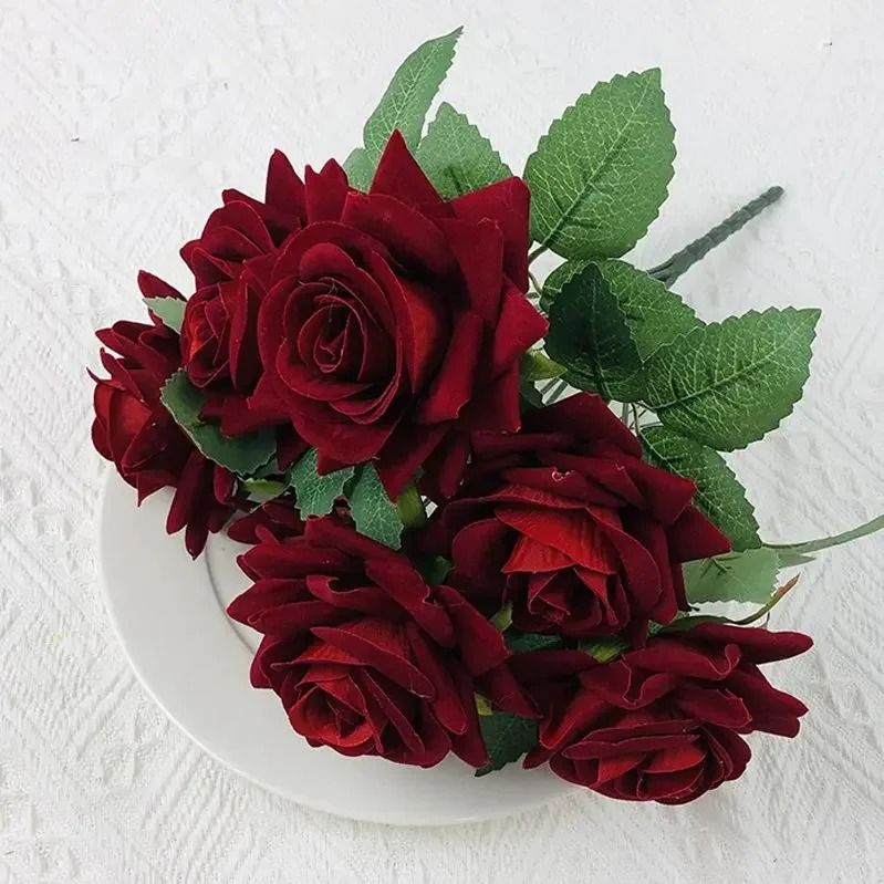 Velvet Artificial Flower Rose Bouquet Red 7 Heads Fake Rose Decorative Floral Home Decor