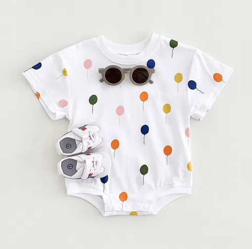 Balloon Print Baby Summer Romper – Soft cotton infant bodysuit