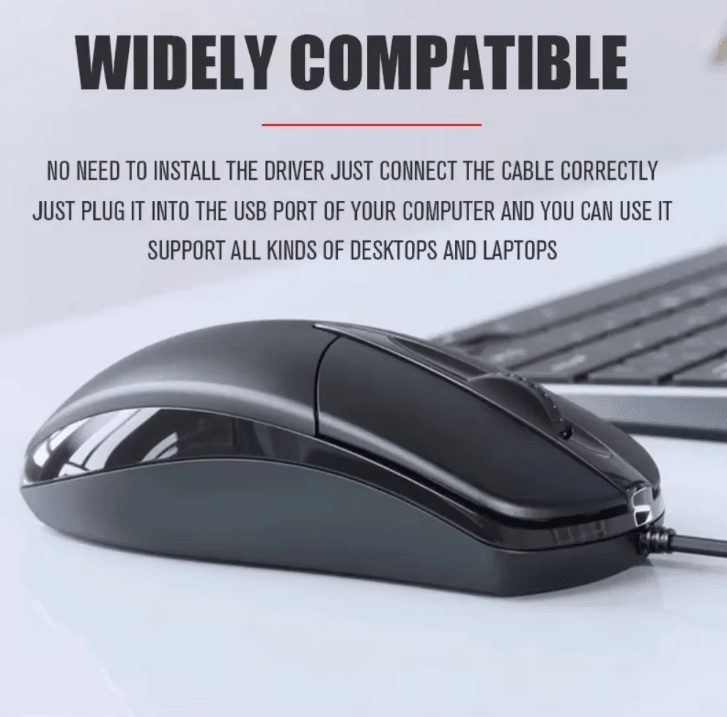 ProGlide 1200DPI USB Optical Wired Mouse – Anti-Slip Roller for PC & Laptop