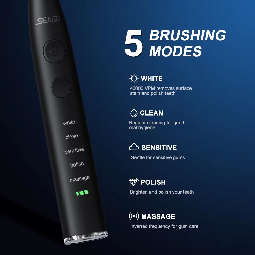 Seago Sonic Electric Toothbrush – USB Rechargeable with 360-Day Battery & Travel Case